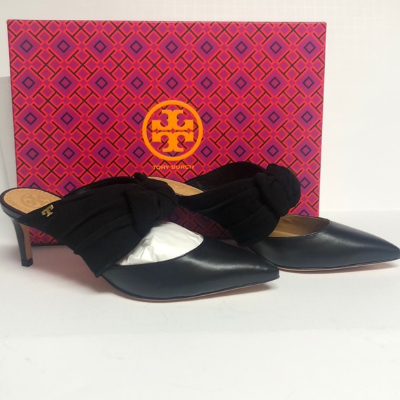 Tory Burch Eleanor Velvet Bow Mules Heels in Black - Picture 5 of 7